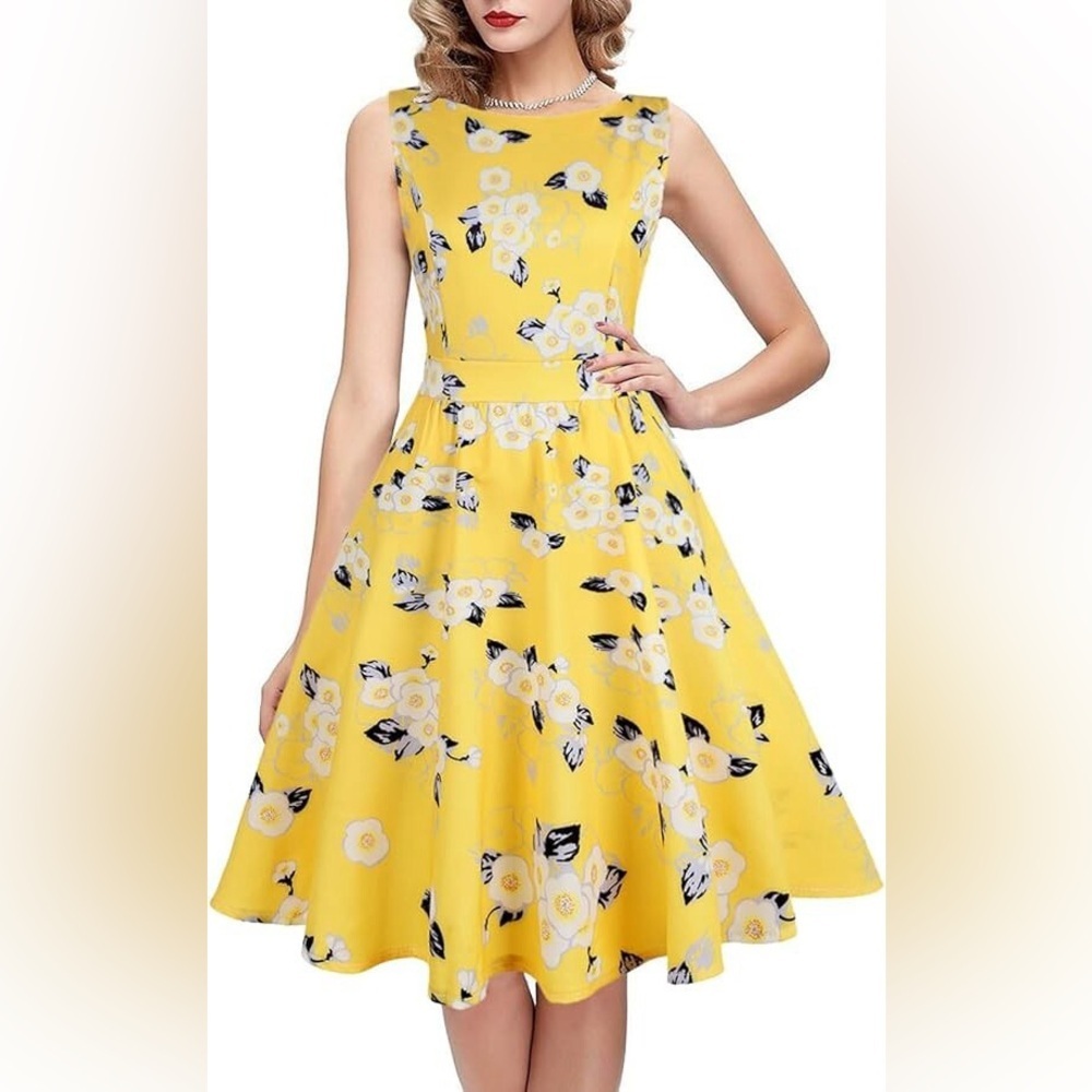 Owin Floral Flattering Yellow A-Line Dress with Pockets, Size Small